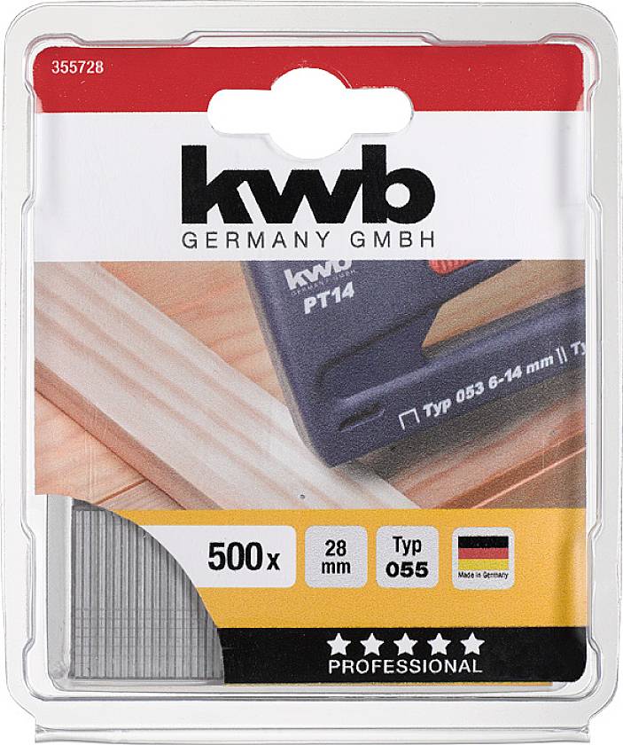 Opakowanie 'Kwb Germany GmbH' z 500 zszywkami, typ 055, 28 mm, MADE IN GERMANY. Zawiera ilustrację zszywacza.