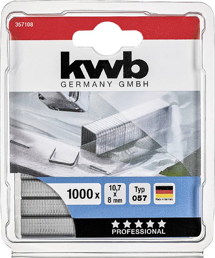 'Kwb Germany GmbH' Zszywki, 1000 sztuk, 10,7 x 8 mm, typ 057. Opakowanie z obrazkiem zszywek i oznaczeniem 'Made in Germany'.