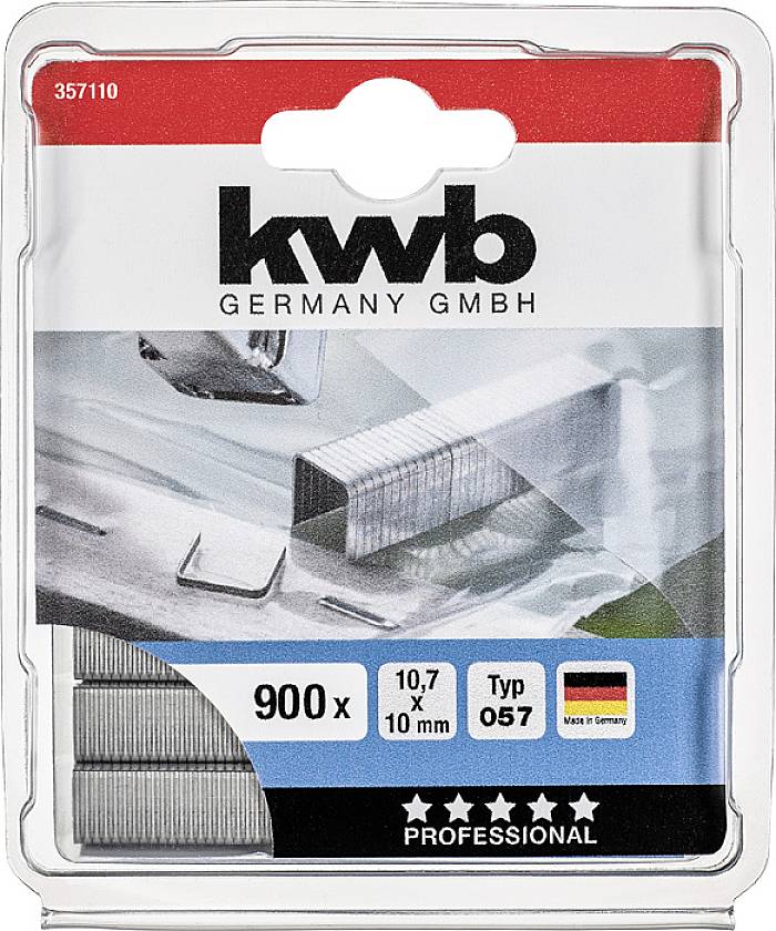 Opakowanie z 900 zszywkami, rozmiar 10,7 x 10 mm, typ 057, marka 'kwb Germany GmbH', wyprodukowane w Niemczech, do użytku profesjonalnego.