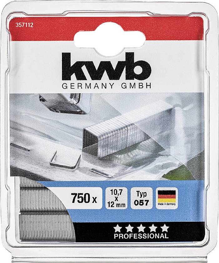 Opakowanie zszywek marki 'kwb' Germany GmbH. Zawiera 750 sztuk, typ 057, rozmiar 10,7x12 mm, wyprodukowane w Niemczech.