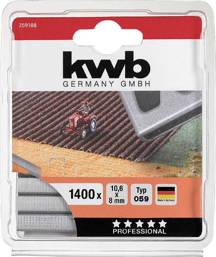 Opakowanie 1400 zszywek, 10,6 x 8 mm, typ 059, z nazwą marki 'kwb GERMANY GMBH'. Zawiera ilustrację ciągnika na polu.