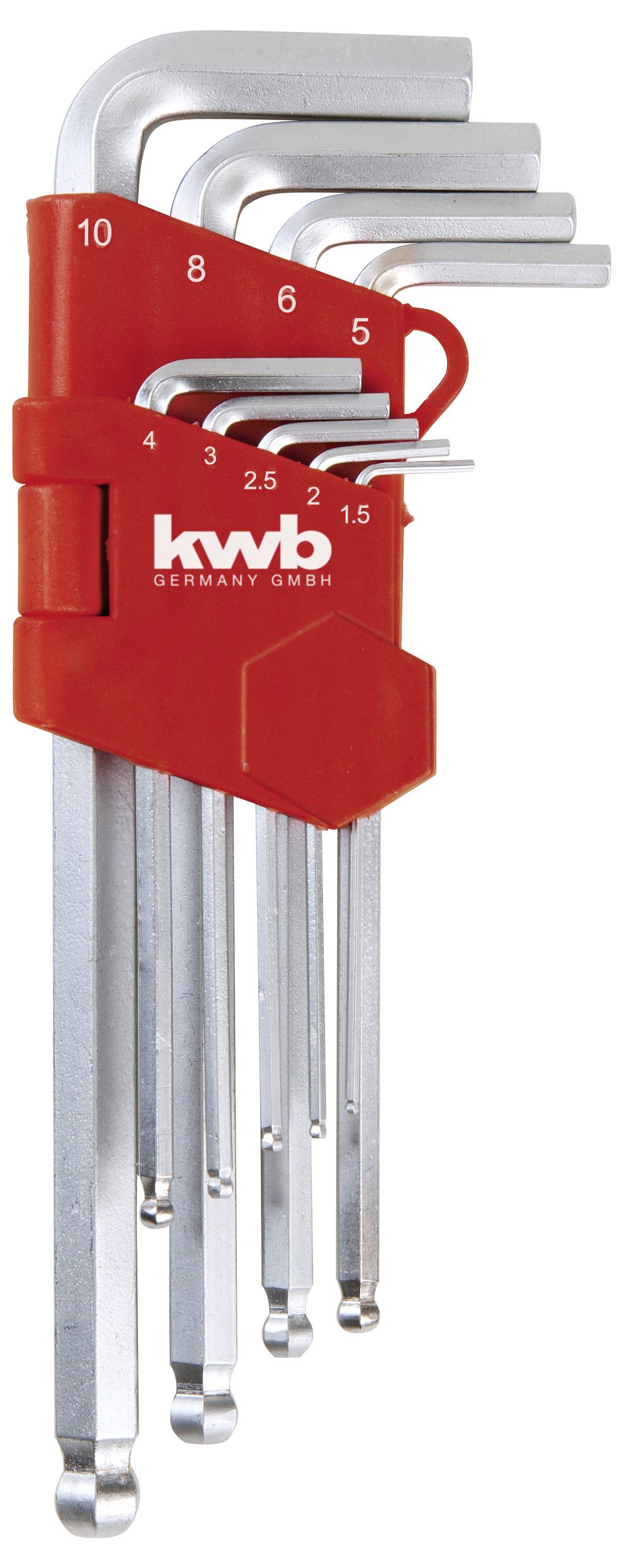 Zestaw kluczy imbusowych L o różnych rozmiarach, ułożonych w czerwonym plastikowym uchwycie, o rozmiarach od 1,5 do 10 mm.