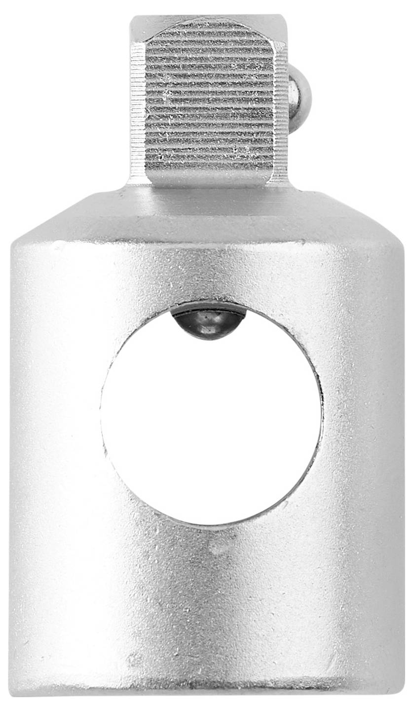 Srebrne metalowe narzędzie z otworem pośrodku i żebrowanym odcinkiem na górze. Używane do celów mechanicznych lub rzemieślniczych.