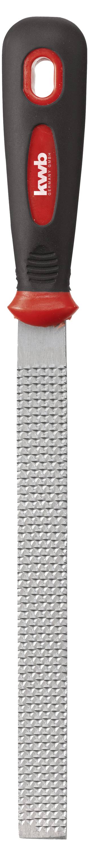 Tarnik z czerwoną i czarną rękojeścią, metalowa powierzchnia do pilowania materiałów.