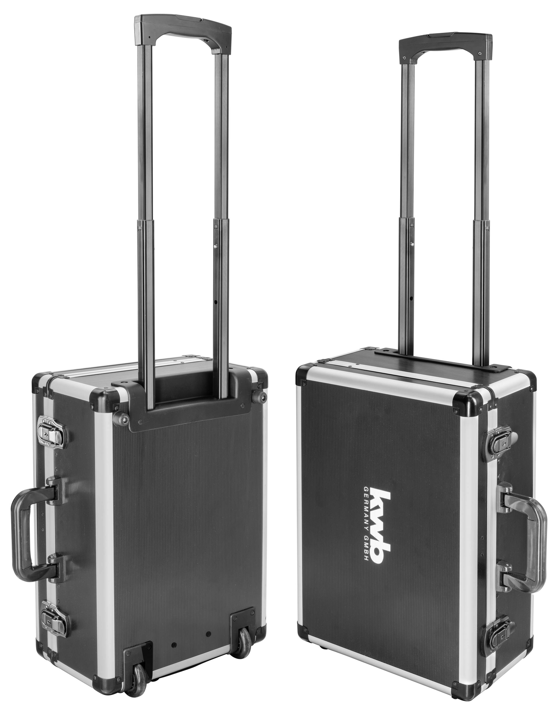 Czarny kufer na narzędzia z kółkami, wysuwaną rączką i logo KWB, pokazany z przodu i z boku.