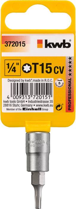 Bit T15 1/4 cala, przystosowany do wkrętaków, opakowany. Marka: kwb, numer artykułu 372015. Zaprojektowany przez kwb, wyprodukowany w R.O.C.