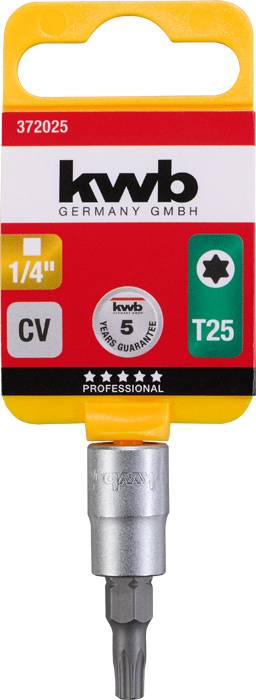 'Wiertło KWB Bit T25, 1/4 cala, CV, 5 lat gwarancji, Seria Professional, Opakowanie w kolorze żółtym i czerwonym w kształcie gwiazdy.'