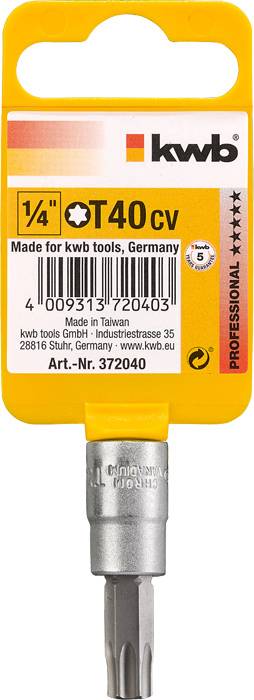 Bit Torx 'T40 cv', 1/4 cala, firmy kwb. Opakowanie z Tajwanu z kodem kreskowym i numerem artykułu 372040. Odpowiedni do użytku profesjonalnego.