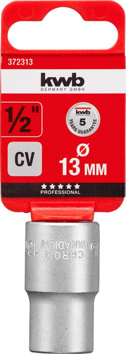 Nasadka klucza 13 mm firmy kwb. Czerwone opakowanie z logo, 5 lat gwarancji, materiał CV. Rozmiar 1/2 cala, profesjonalna.