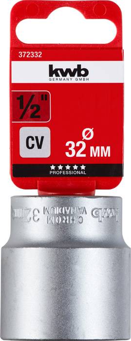 Nasadka klucza 32 mm wykonana z chromowo-wanadowego stopu stali firmy kwb, rozmiar 1/2", na czerwono-białym tle z numerem produktu 372332.