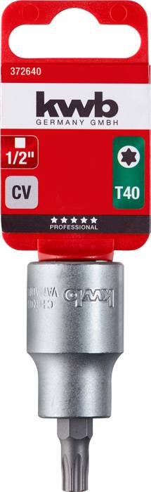 Nasadka Torx T40, napęd 1/2 cala. Opakowanie oznaczone logo 'kwb Germany GmbH', wykonana ze stali chromowo-wanadowej, przeznaczona do użytku profesjonalnego.