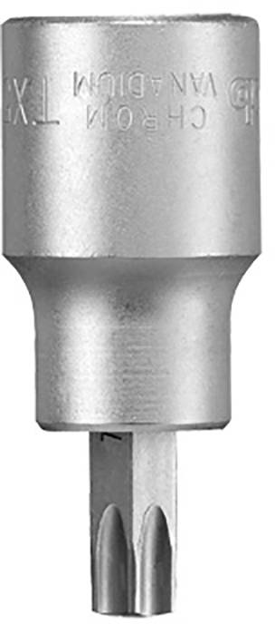Metalowy uchwyt nasadowy w kształcie Torx, z żebrowanym uchwytem do zamocowania w narzędziu.