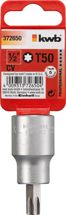 'kwb Bit Torx T50, 1/2 cala, Professional. Zaprojektowany przez kwb; wyprodukowany w R.O.C.' Nadrukowane informacje o produkcie i kod kreskowy widoczne.