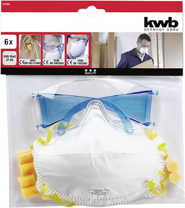 Zestaw ochronny z okularami ochronnymi, maską przeciwpyłową i zatyczkami do uszu. Odpowiedni do prac budowlanych. Zawiera wartość tłumienia hałasu SNR 27 dB. Marka: kwb.