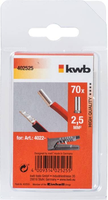 Opakowanie KWB dla 70 sztuk 2,5 mm² końcówek kablowych, numer artykułu 402525, przedstawiające zbliżenie produktu, wyprodukowane w Niemczech.