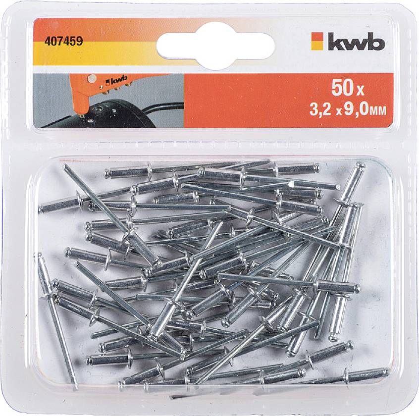 Opakowanie zawiera 50 ślepych nitów, rozmiar 3,2 x 9,0 mm, firmy kwb. Odpowiednie do połączeń metalowych. Numer artykułu 407459.