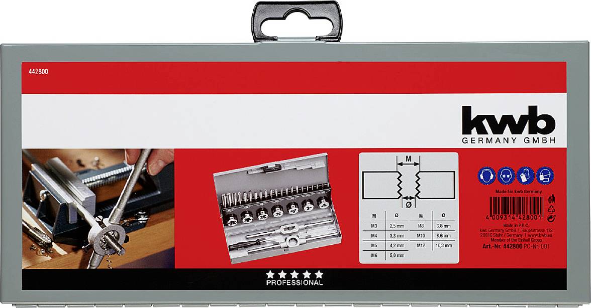 Zestaw narzędzi do gwintowania, zawierający różne gwintowniki i narzynki, ze zdjęciem przykładu zastosowania.