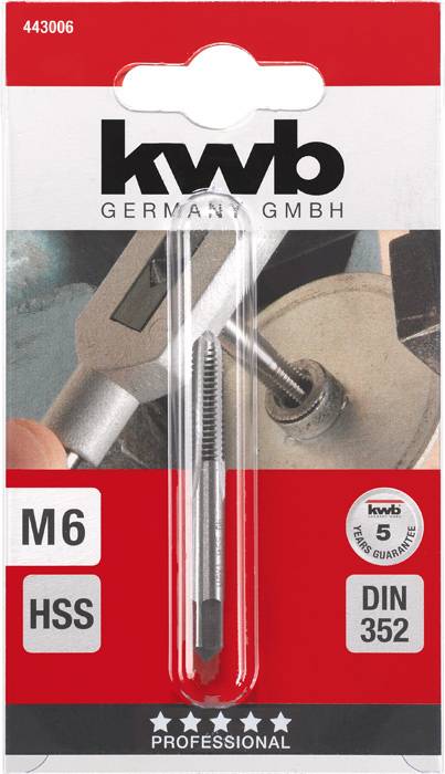 Opakowanie gwintownika M6 HSS marki 'kwb', przeznaczonego do obróbki metalu. Zawiera informację o 5-letniej gwarancji oraz normie DIN 352.