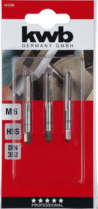 Zestaw trzech gwintowników M6, stal HSS, firmy KWB Germany GmbH, odpowiedni do gwintów metrycznych wg normy DIN 352, pakowany na czerwonym tle.