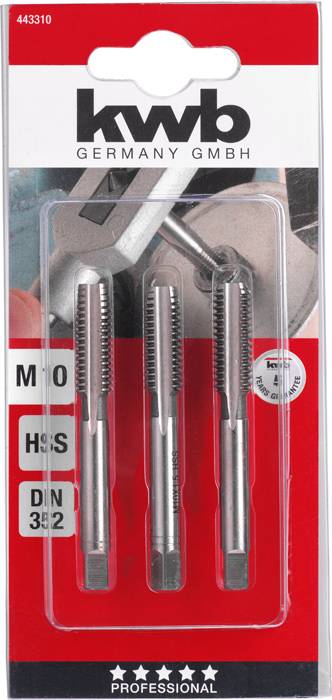 Trzyczęściowy zestaw gwintowników M10 firmy kwb, wykonany ze stali HSS, zgodny z normą DIN 352, do precyzyjnego gwintowania, pakowany w blister.