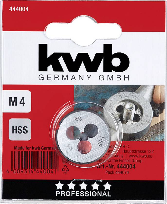 Gwintownik 'Kwb Germany GmbH' M4 HSS w opakowaniu, z ilustracją produktu podczas użycia. Numer artykułu 444004.