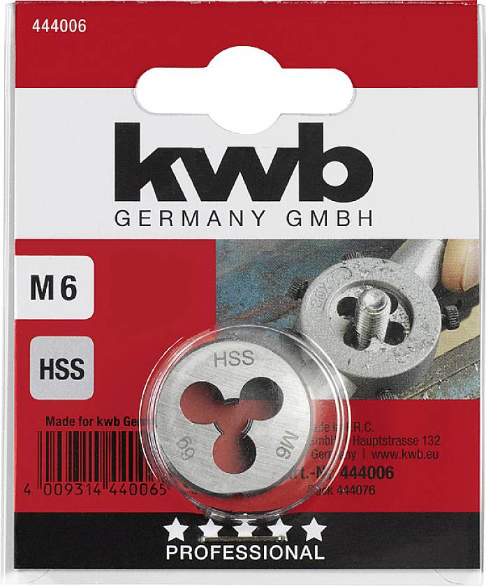 Opakowanie metalowego narzędzia skrawającego z napisem 'M6 HSS', producent 'kwb Germany GmbH'. Narzędzie do gwintowania śrub.