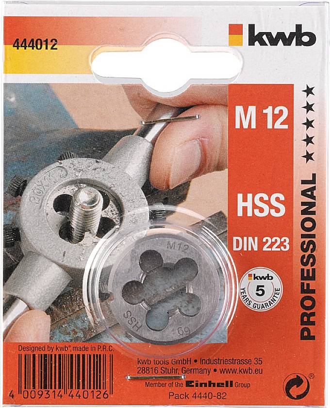 Okrągłe narzędzie ze stali szybkotnącej (HSS) do gwintowania, oznaczone etykietą 'M 12', 'DIN 223', producent 'kwb'. Opakowanie wskazuje 5 lat gwarancji.