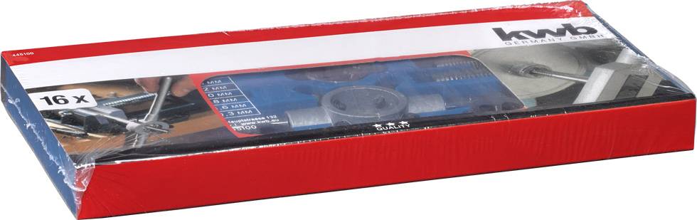 Opakowanie zawiera 16 tarcz szlifierskich w pudełku, marka KWB, z ilustracją szlifierki kątowej.