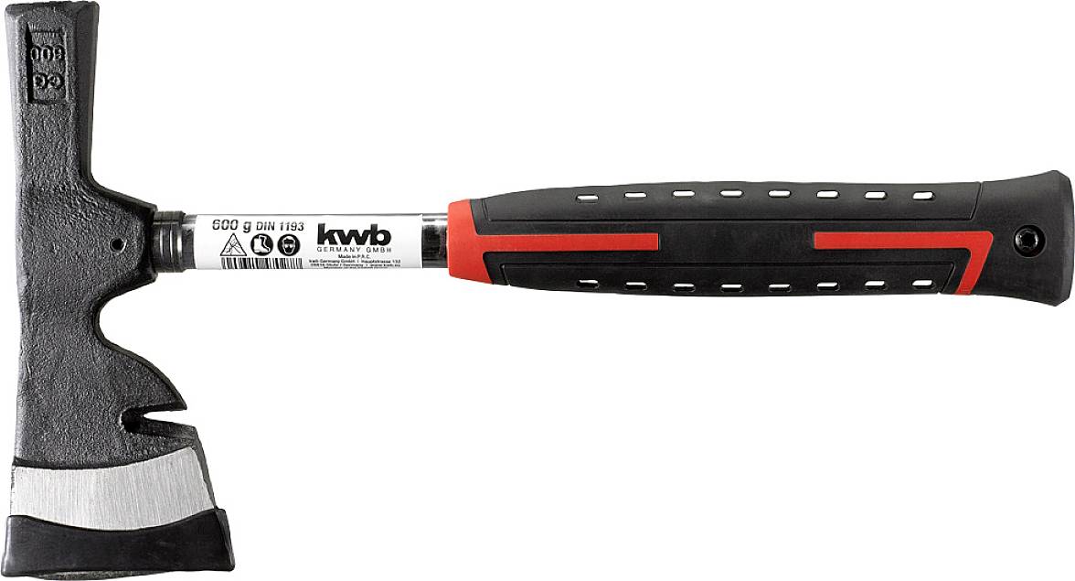 Mała siekiera z czarną i czerwoną rękojeścią, odpowiednia do prac ogrodowych lub podczas kampingu. Marka 'kwb' jest widoczna na ostrzu.