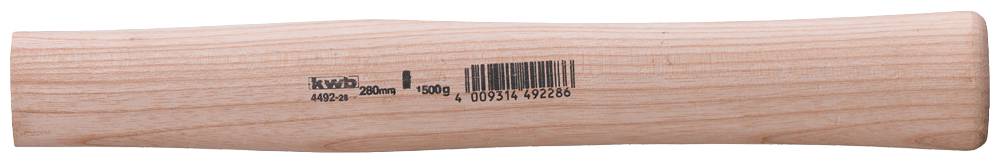 Drewniany uchwyt młotka z nadrukowanym kodem kreskowym i marką 'kwb'.