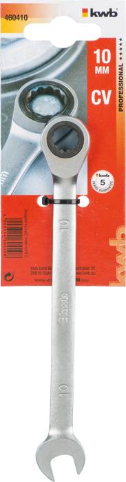Klucz płaski 10 mm z funkcją grzechotki marki kwb, ze stali CV, hartowany, pakowany na czerwonym kartonie z opisem.