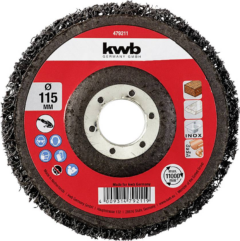'Kwb Germany GmbH' Tarcza do czyszczenia metalu o średnicy 115 mm, maksymalna prędkość obrotowa 11.000 obr./min. Odpowiednia do stali nierdzewnej, miedzi, mosiądzu, cynku.