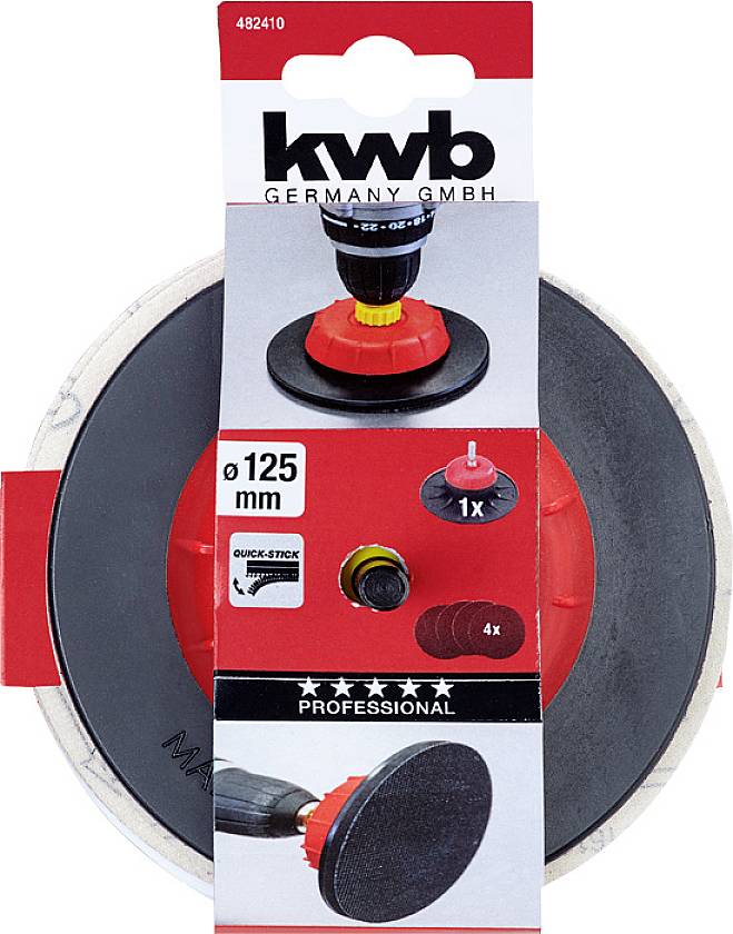 Opakowanie tarcz szlifierskich firmy 'kwb Germany GmbH', o średnicy 125 mm, zawierające 4 tarcze szlifierskie, prezentujące tarczę w trakcie pracy.