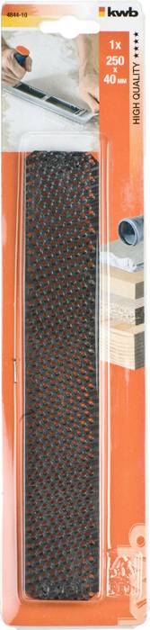 Opakowanie pilnika marki 'kwb' o czarnej powierzchni, idealnego do pracy z drewnem i tworzywami sztucznymi. Wymiary: 250 x 40 mm.