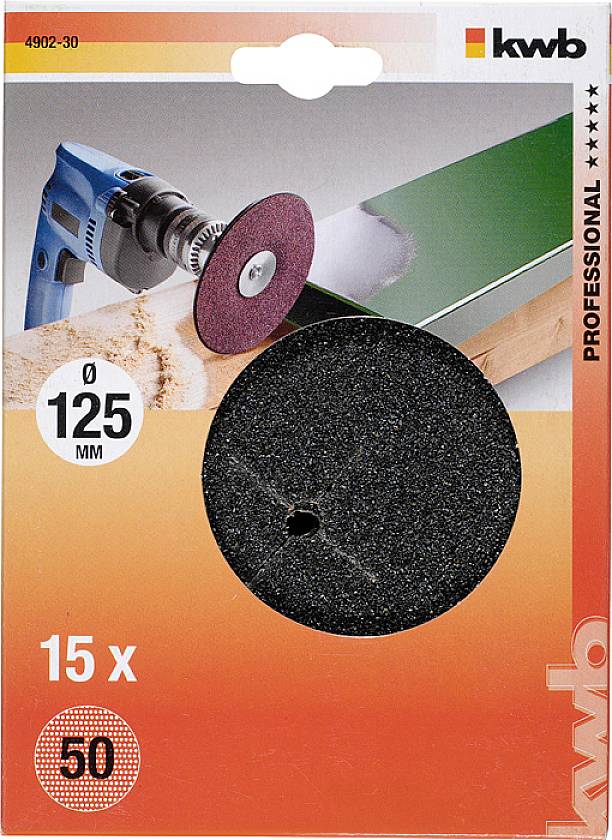 Opakowanie tarcz szlifierskich, 15 sztuk, średnica 125 mm, ziarnistość 50, z ilustracją szlifierki podczas szlifowania drewna.