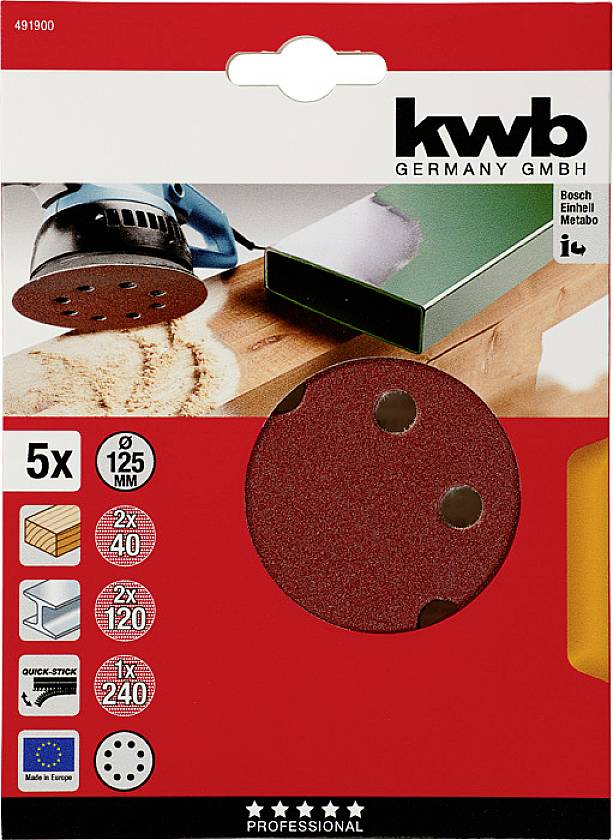 Шлифовальный диск kwb 491900, диаметр 125 мм, зернистость = 40, 120, 240, 5 шт.