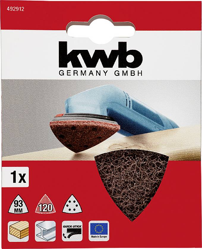 'Papier ścierny w kształcie trójkąta, odpowiedni do drewna, wymiary: 93 mm, ziarnistość: 120, 1 sztuka, marka KWB, wyprodukowany w Europie.'
