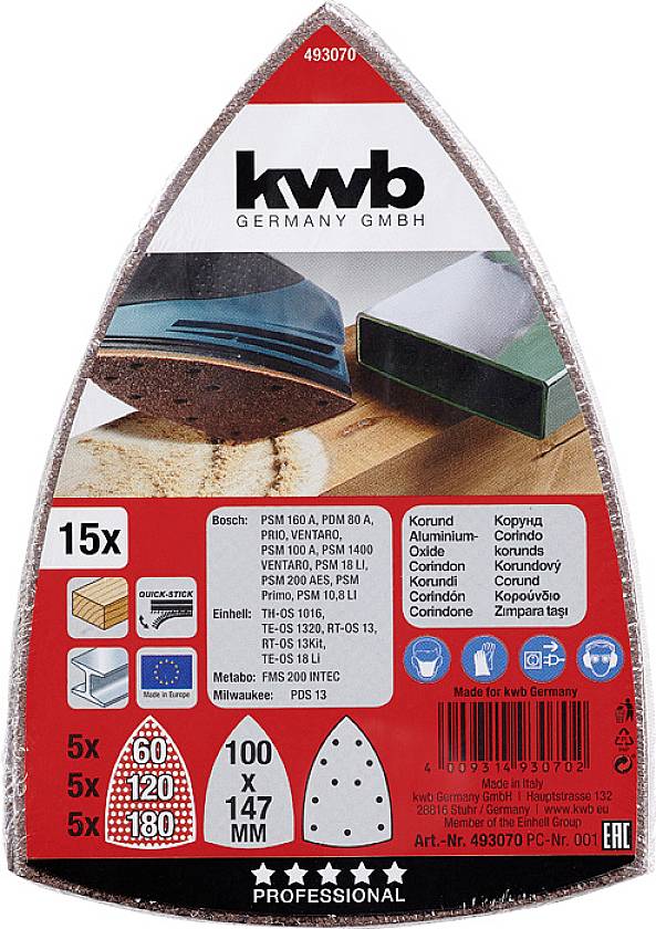Zestaw papieru ściernego 'kwb Germany', zawiera 15 sztuk. Odpowiedni do drewna i metalu. Ziarnistości 60, 120, 180. Wykonany dla Bosch.