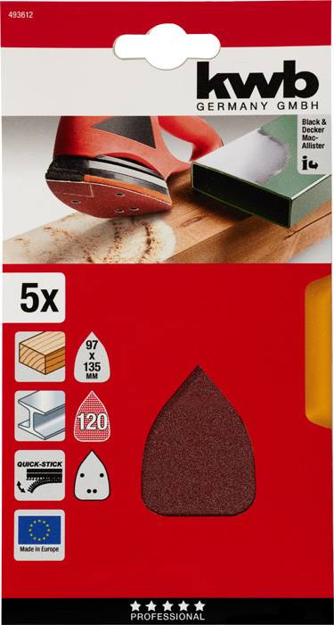 Opakowanie 5 arkuszy ściernych do trójkątnej szlifierki, kompatybilne z Black & Decker Mouse. Ziarnistość 120, rozmiar 97 x 135 mm.