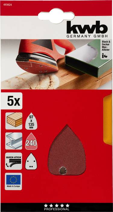 Opakowanie z arkuszami szlifierskimi do szlifierki oscylacyjnej, 5 sztuk, 97 x 135 mm, ziarnistość 240, kompatybilne z Black & Decker, wyprodukowane w Europie.