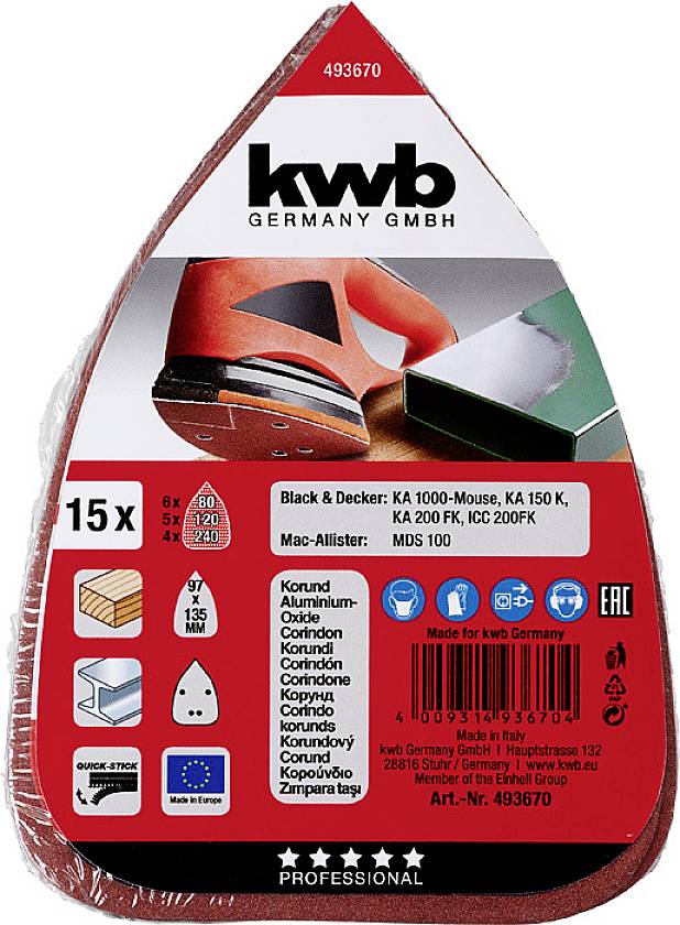 Zestaw papieru ściernego z 15 arkuszami w kształcie łez. Odpowiedni do modeli Black & Decker. Ziarnistość: 40, 60, 80, 120. Marka: kwb Germany.