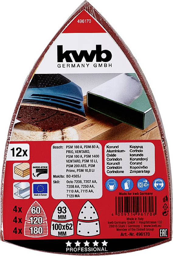 Zestaw papieru ściernego 'kwb Germany GmbH', 12 sztuk. Ziarnistość: 60, 120, 180. Wymiary: 100x62 mm. Odpowiedni do drewna i metalu.