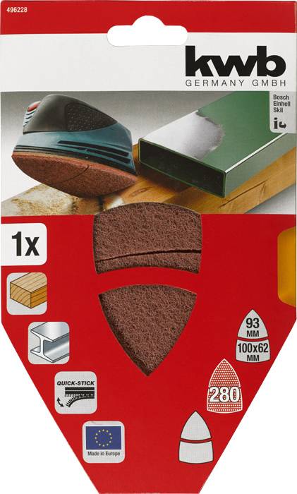 Czerwony zestaw papieru ściernego marki kwb, odpowiedni do drewna i metalu. Rozmiar 93 mm, ziarnistość 280, wyprodukowany w Europie, 1 sztuka.