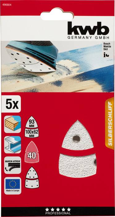 Zestaw papieru ściernego 'Kwb Germany GmbH', 5 sztuk, odpowiedni do Makita, rozmiar 93x100x62 mm, szlifowanie na srebrno, średnie ziarnistość 40.