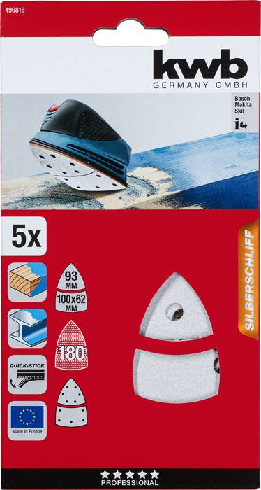 Papier ścierny w kształcie trójkąta z szybkozłączką, rozmiar 93 mm, kompatybilny z Bosch, Makita i Skil, ziarnistość 180, opakowanie 5 sztuk.