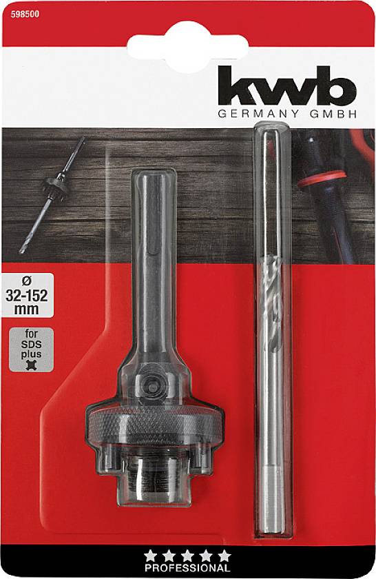 Opakowanie z sześciostopniowym uchwytem do piły otworowej (32-152 mm) oraz wiertłem. Nazwa marki 'kwb' w prawym górnym rogu.