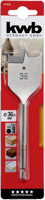 Frez płaski od 'kwb GERMANY GMBH', rozmiar 36 mm, do drewna. Opakowanie z czerwonymi akcentami i ilustracją produktu.