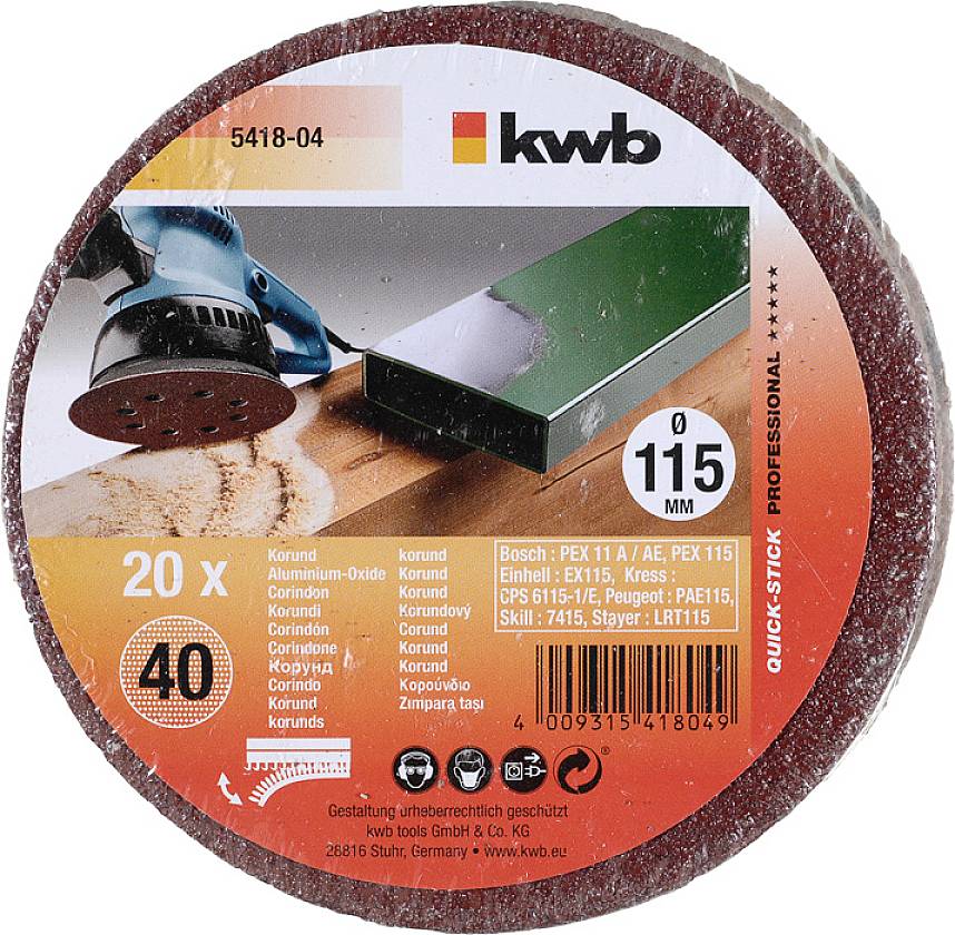 Tarcza szlifierska 115 mm do szlifierki; 20 sztuk, ziarnistość 40; pasująca do różnych modeli; marka 'kwb', idealna do szlifowania drewna.