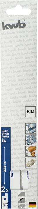 Opakowanie zestawu brzeszczotów do piły kwb BIM, 2 sztuki, z ilustracjami zastosowań: drewno, metal, tworzywo sztuczne. Oznaczone jako '28 mm' i 'T 6'.