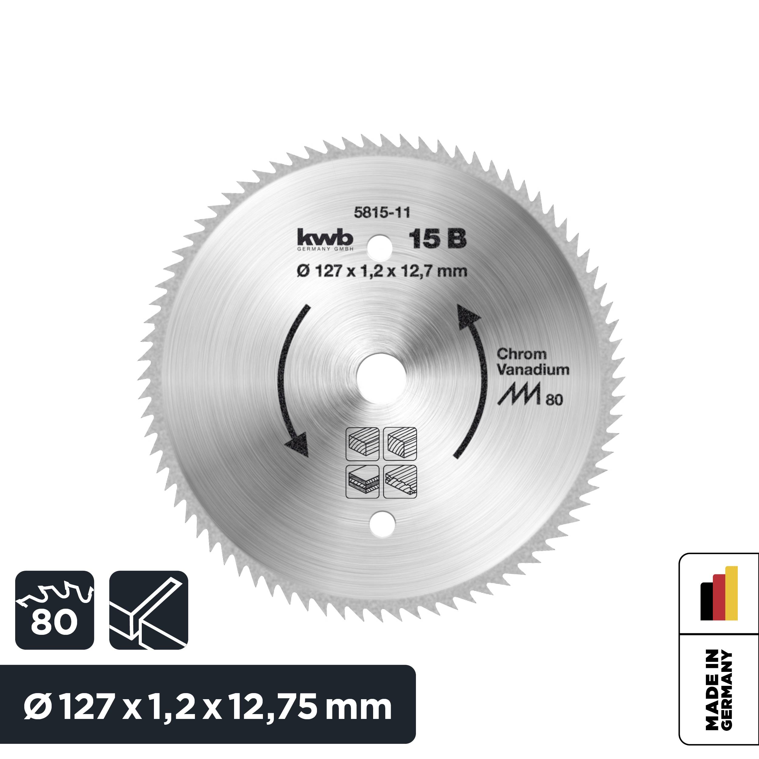 Tarcza piły tarczowej 'kwb 5815-15 B', Ø 127 x 1,2 x 12,75 mm, wykonana z chromowo-wanadowej stali z 80 zębami. Wyprodukowana w Niemczech.